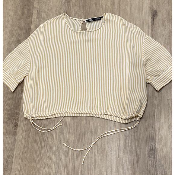 ZARA Yellow White Stripped Side Tie Short Sleeve Crop Top Size M - Picture 1 of 8